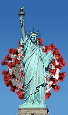 graphic mashup of Covid-19 illustration and Statue of Liberty photo