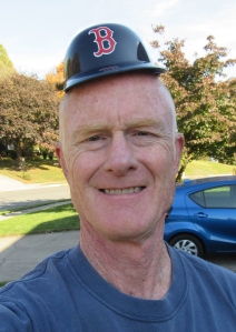 photo of Mark wearing mini Red Sox batting helmet